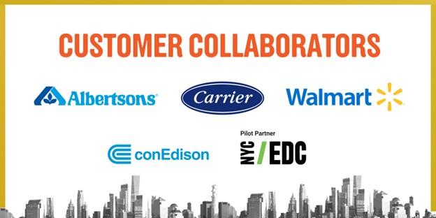 Photo with text that reads "Customer Collaborators" and logos for Albertsons, Carrier, Walmart, conEdison, and NYC/EDC