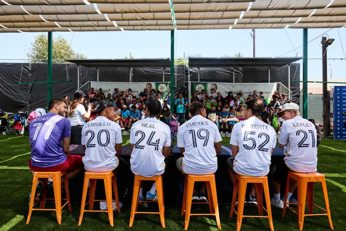 LA Galaxy players Edwin Cerrillo, John McCarthy, Mauricio Cuevas, Tucker Lepley, Isaiah Parente and Jalen Neal helped host a pep rally before the backpack distribution.