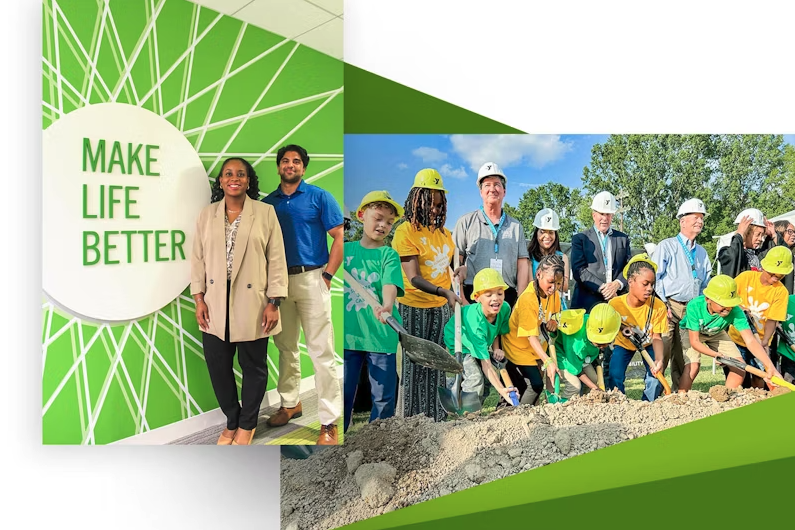 Collage with text "Make Life Better" and people working in yellow hardhats