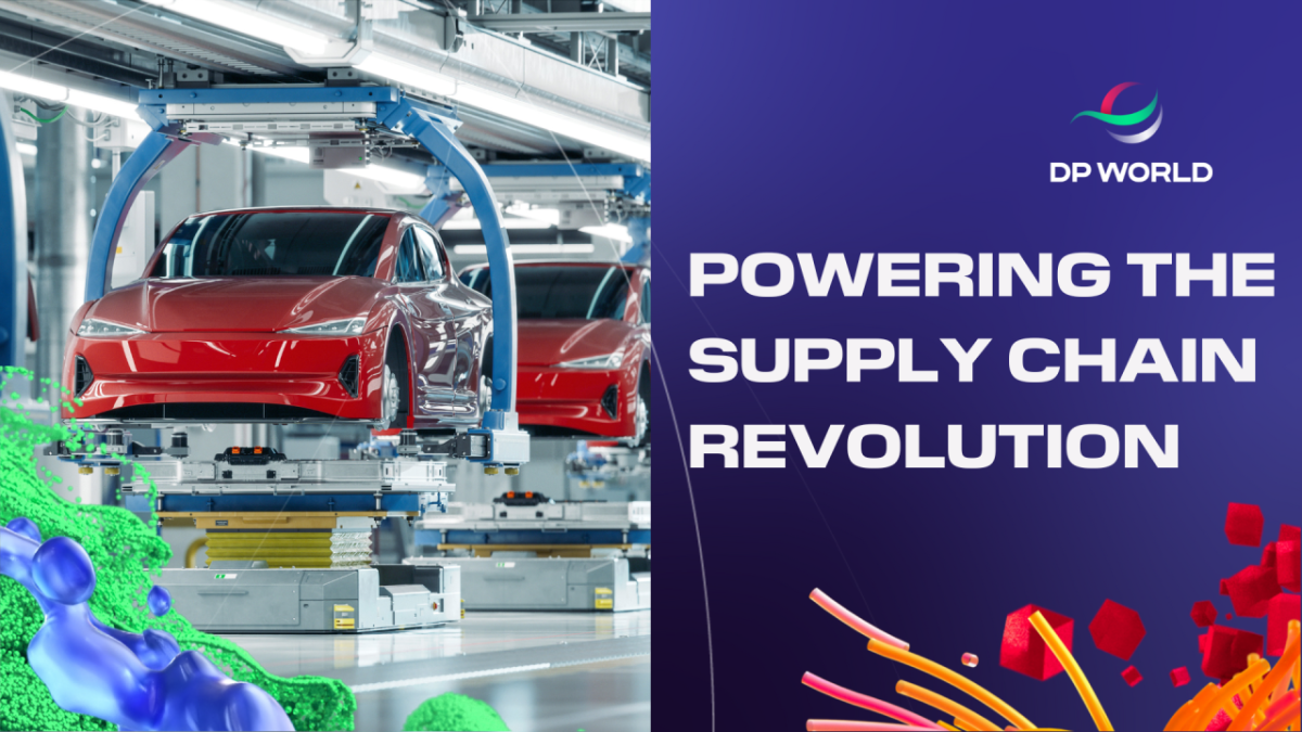 left side of image car assembly line; right side of image "Powering the Supply Chain Revolution"