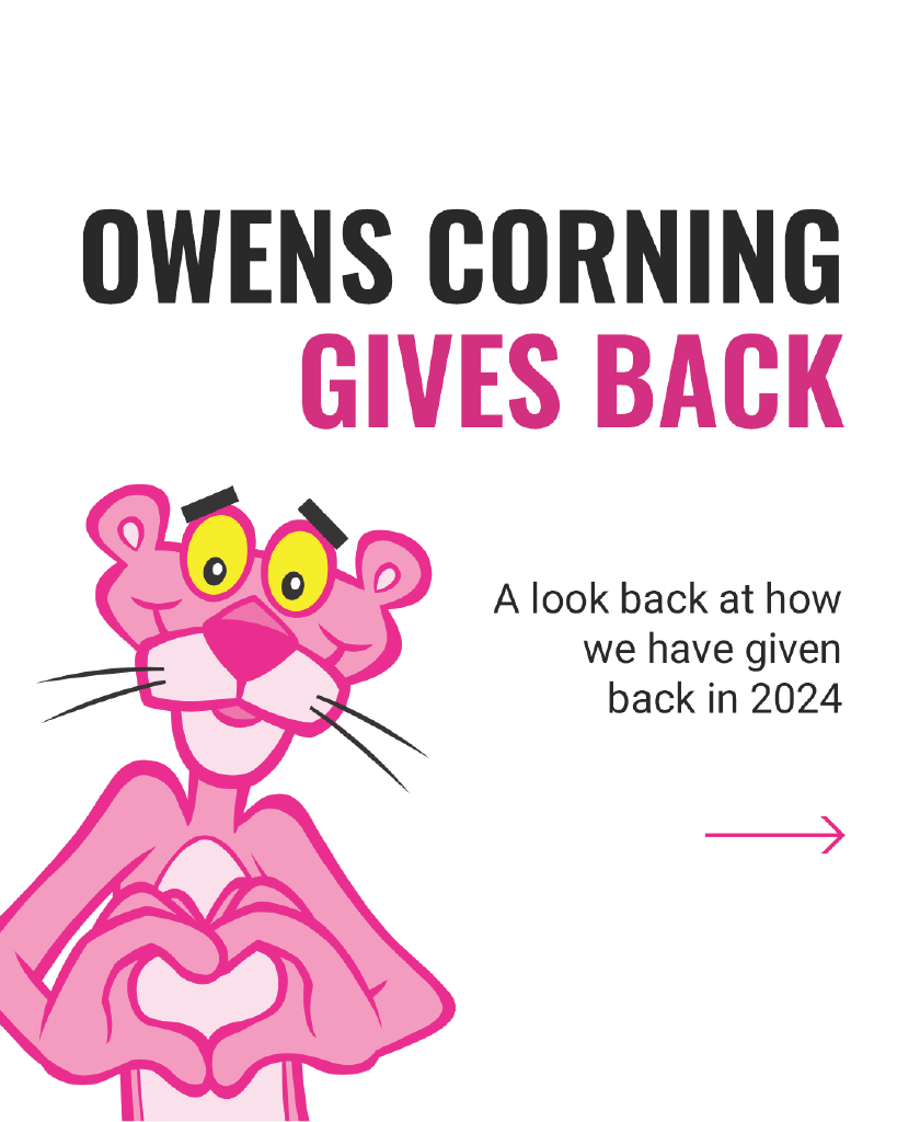 "Owens Corning Gives Back". Pink panther makes heart with hands.