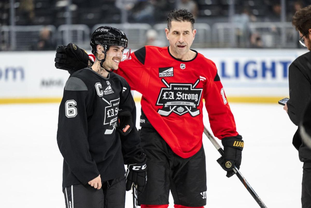 Justin Bieber, Singer, and Terry Ryan, Professional hockey player, helped support the LA Kings Skate for LA Strong hockey game.