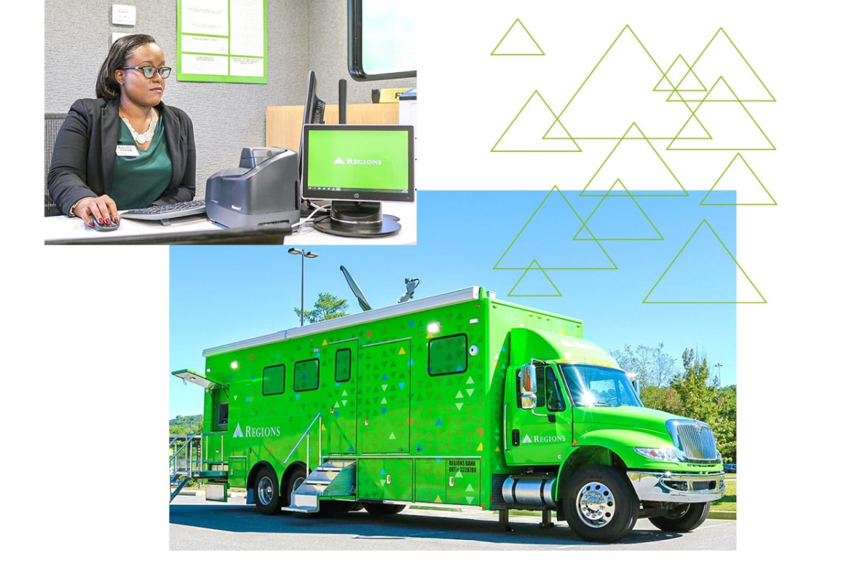 Collage: A person working at a desk; a green truck