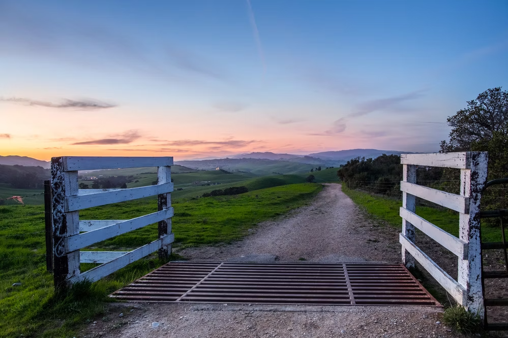 A small bridge with a sunset and a field behind it