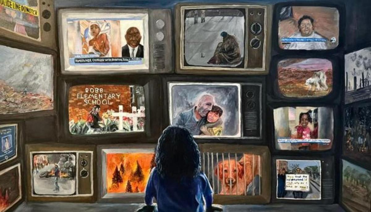 Artwork of a child watching multiple televisions