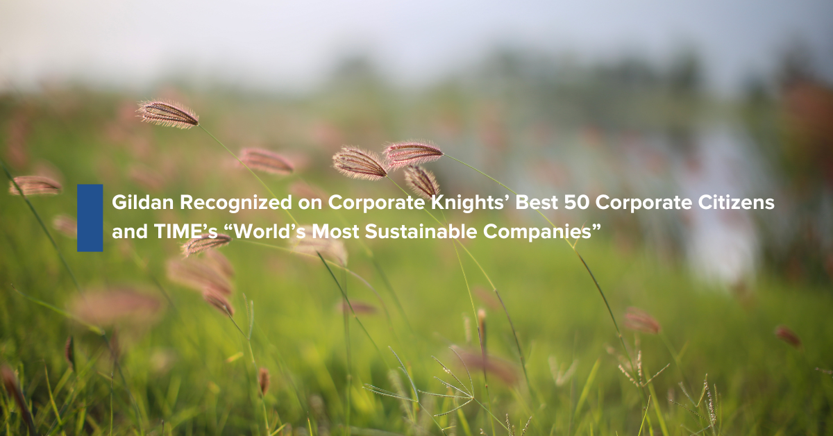 "Gildan Recognized on Corporate Knights’ Best 50 Corporate Citizens and TIME’s World’s Most Sustainable Companies" written on a backdrop of a close-up shot of grass and weeds