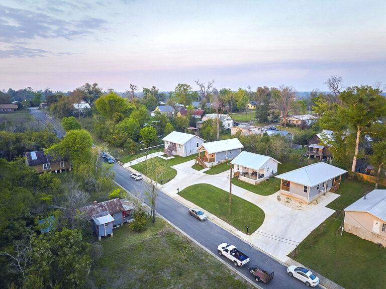 Aerial view of houses and street