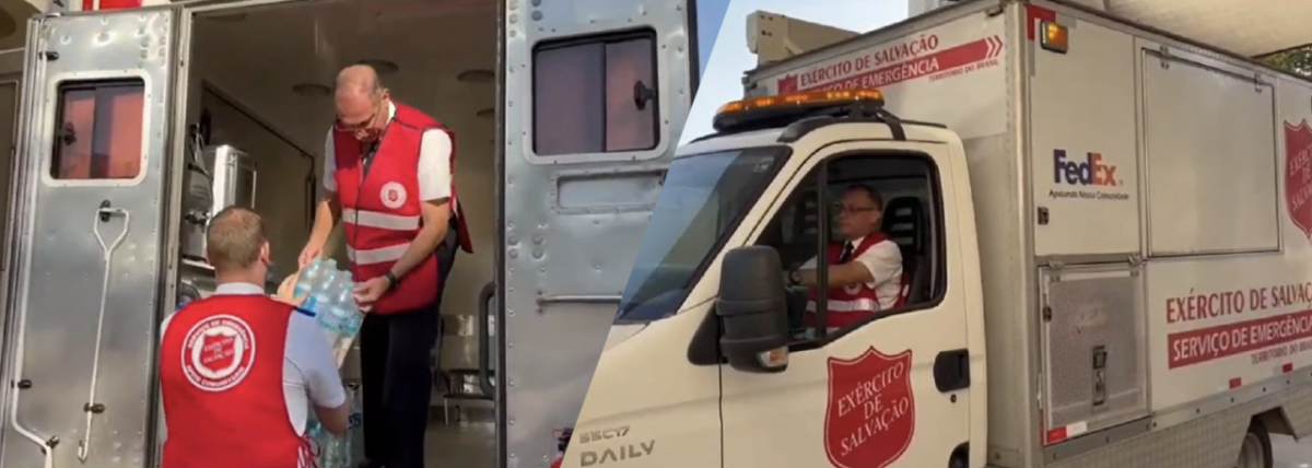 Two separate photos, on the left is two people unloading bottles of water out of the back of a truck, the photo on the right is a person in the drivers seat in the FedEx canteen truck