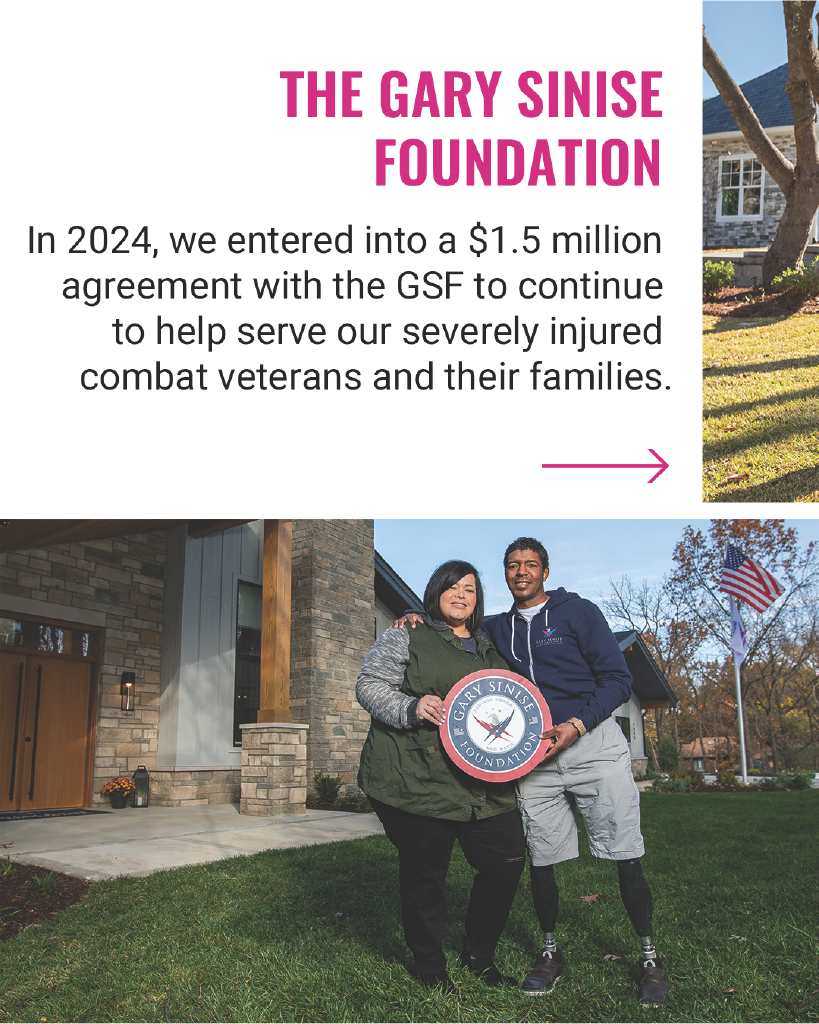 The Gary Sinise Foundation. In 2024, we entered into a $1.5 million agreement with the GSF to continue to help serve our severely injured combat veterans and their families. Two people standing with award.