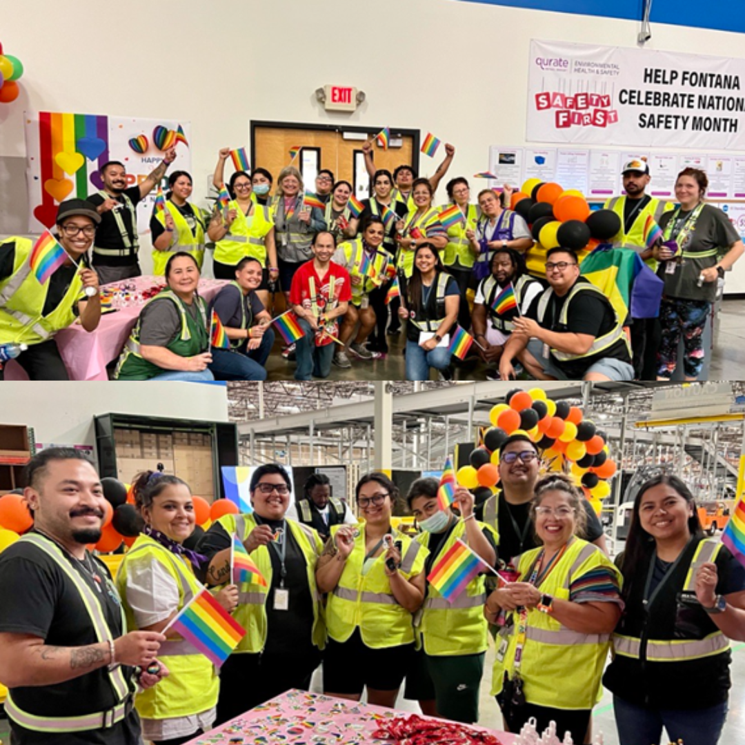 Eight team members at QVC Fulfillment celebrating Pride Month