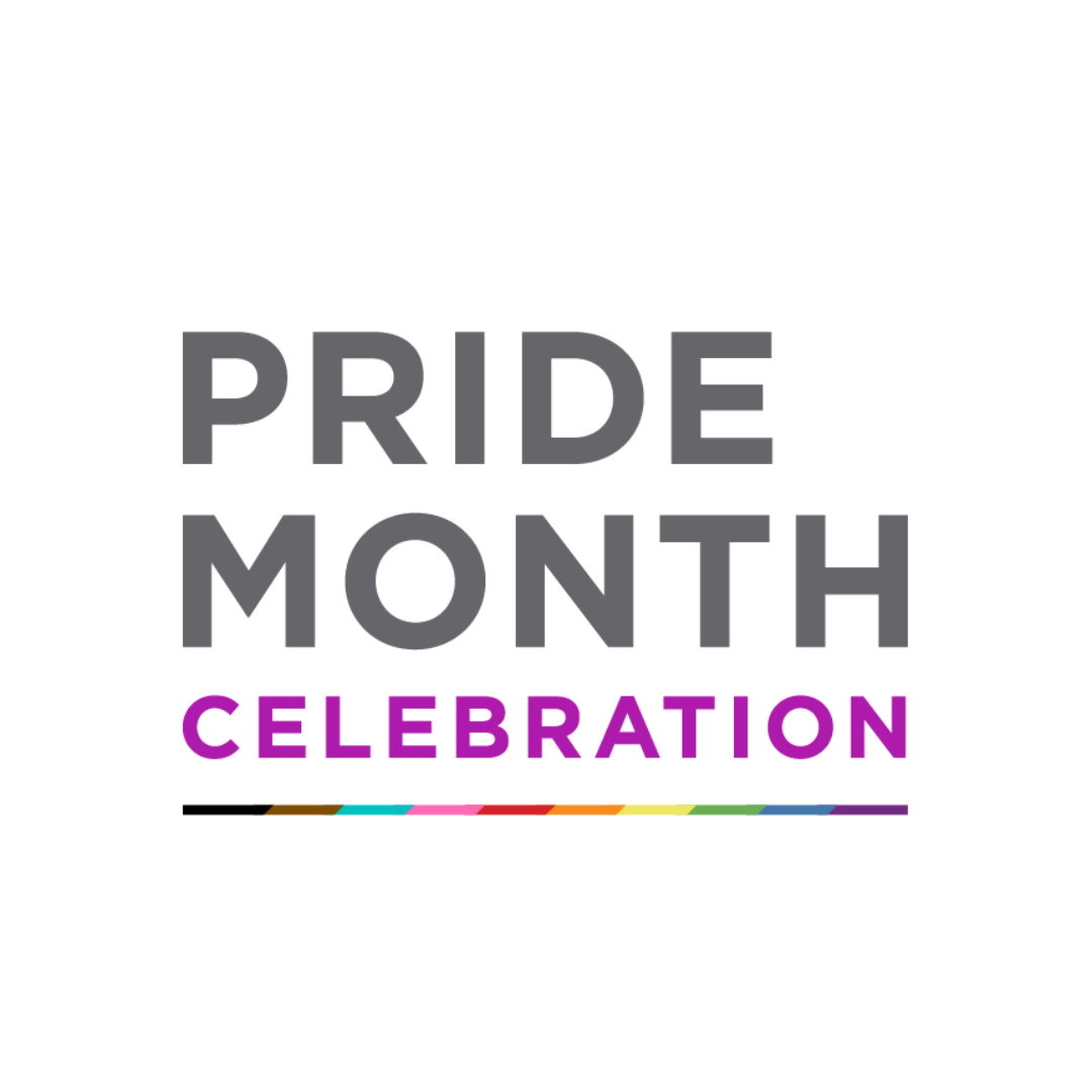 The words "Pride Month Celebration"  on top of a line signifying Pride colors