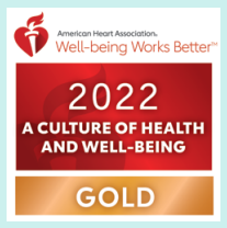 American Heart Association Well-Being Works Better logo and "@022 A culture of Health an well-being Gold".