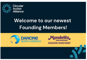 "Welcome to our newest Founding Members!" with logos for Danone, Mondelez. The Circular Action Alliance logo in the corner.