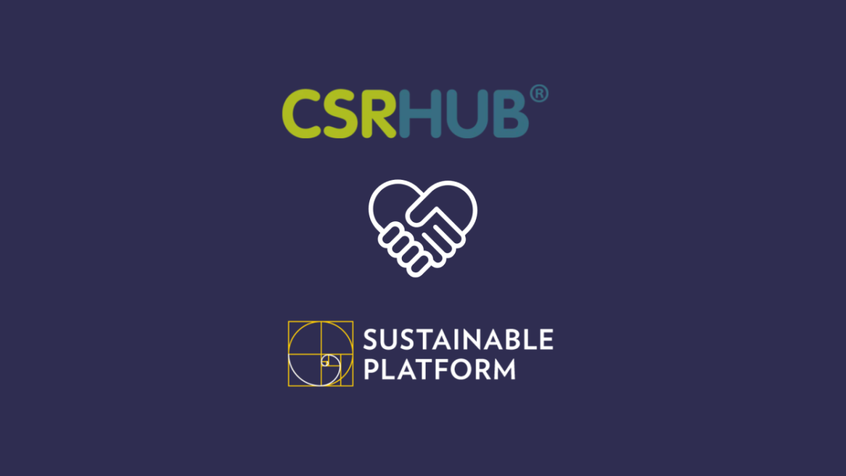 CSRHub and Sustainable Platform partnership announcement. The image features the CSRHub logo at the top, a handshake icon symbolizing collaboration in the center.