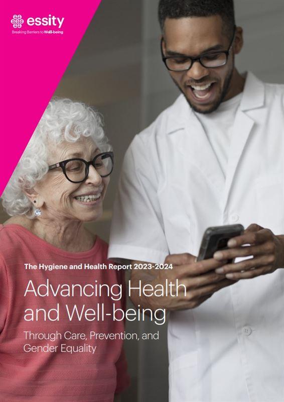Essity: The Hygiene and Health Report 2023 - 2024; Advancing Health and Well-being. A medical professional is sharing a smart phone with an elderly female. 