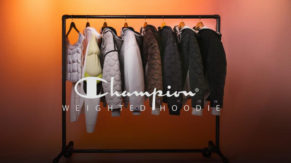 Champion Weighted Hoodie Prototypes on a clothes rail 