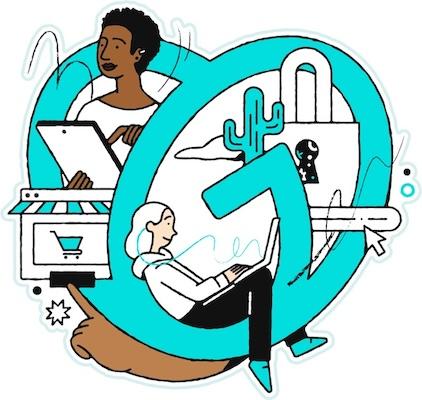 Illustration showing people working inside the GoDaddy logo.