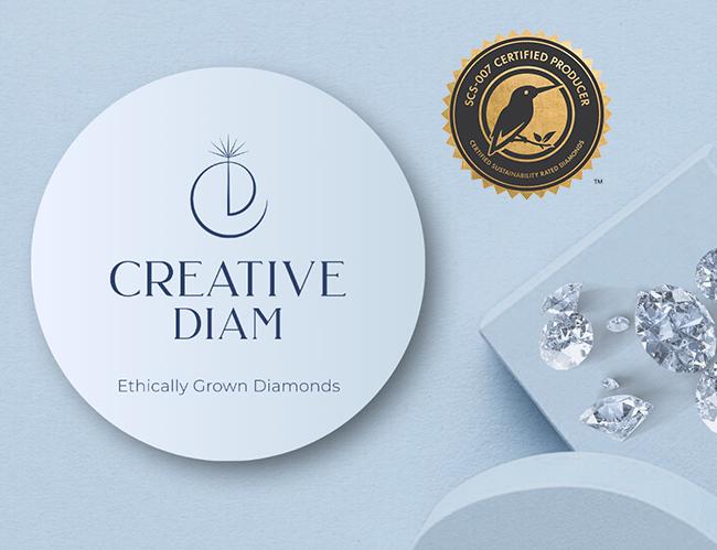 Creative Diam logo alongside lab grown diamonds with superimposed logo for SCS-007 Certification