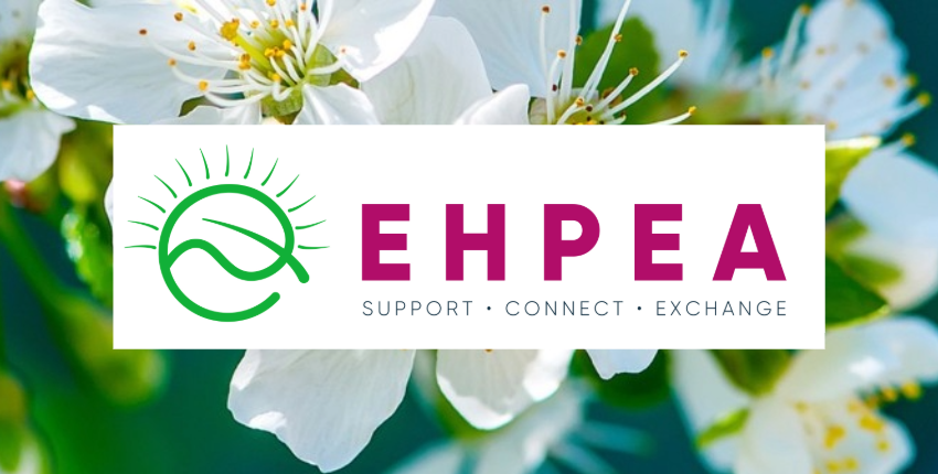 The image features the logo of the Ethiopian Horticulture Producer Exporter Association (EHPEA) set against a background of blooming white flowers. The logo includes a green circular design representing a leaf and sun, with the text "EHPEA" in bold magenta letters beneath it. The tagline "Support · Connect · Exchange" is written below the logo in smaller text.