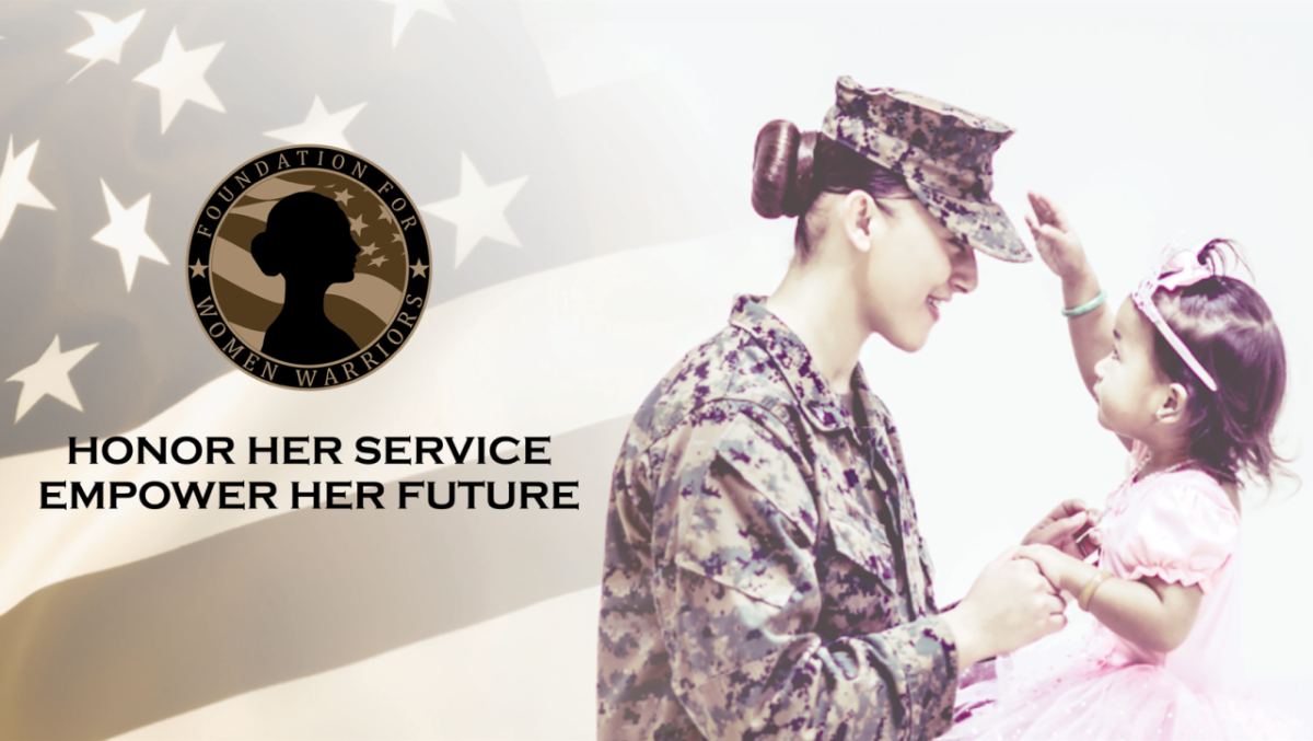 A service woman is shown with her young daughter in front of an American flag with the Foundation for Women Warriors logo. 