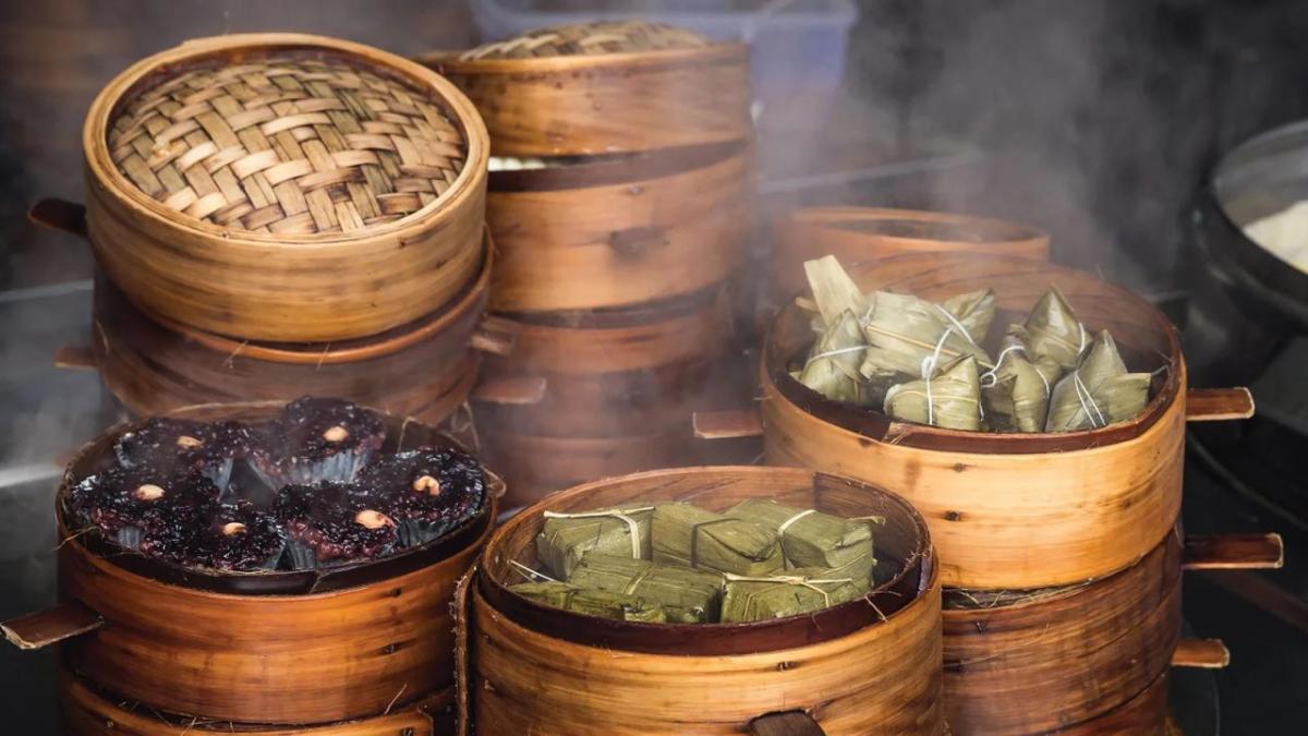 Steamer baskets filled with food