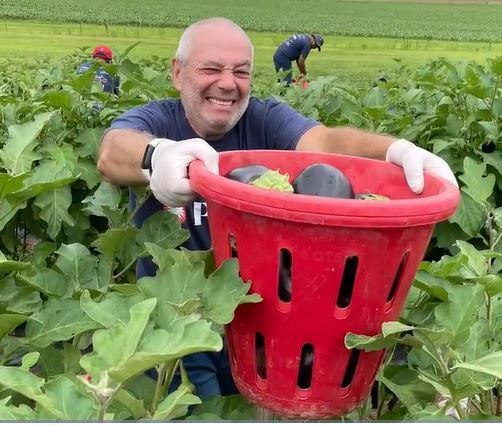 volunteer holding a red basket full of produce