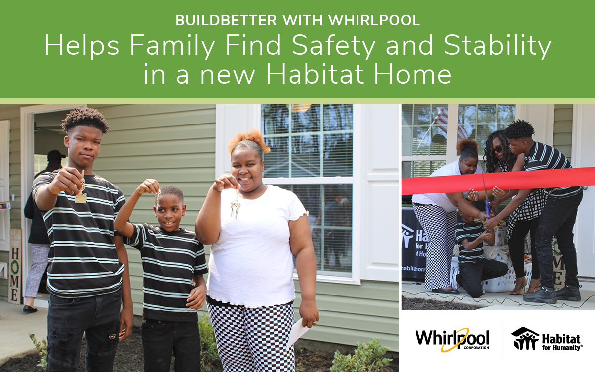 two photos of a family outside their new home