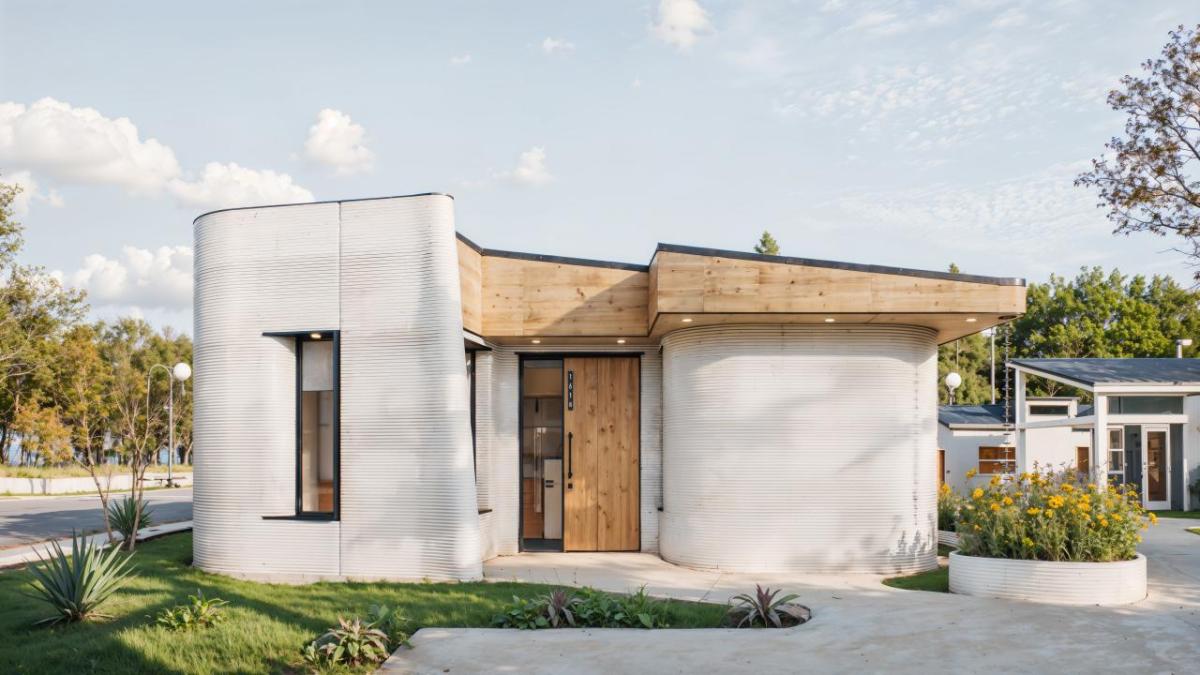 Rendering of a 3D-printed home which is white with a brown roof.