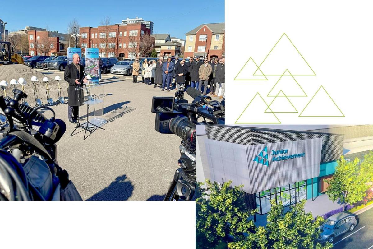 Regions' John Turner giving an interview at the groundbreaking of the McWane Economic Education Center, along with a rendering of the future center. 