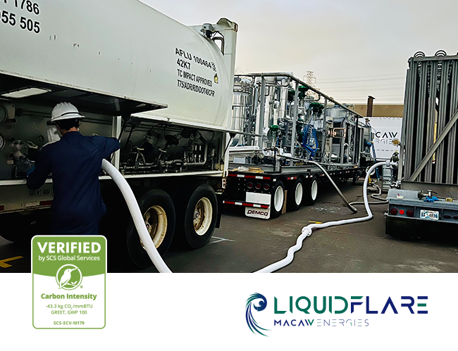 Trucks refueling from pipes with LIQUIDFLARE and SCS logos superimposed