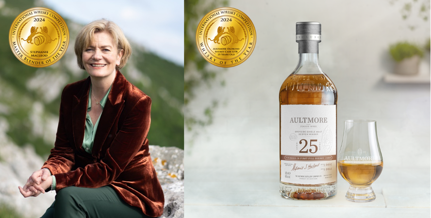 Two separate photo's side by side. On the left, a photo of someone sat down. On the right, a bottle of whisky next to a glass