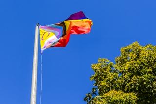 A flag pole with LGBTQ+ flag flying