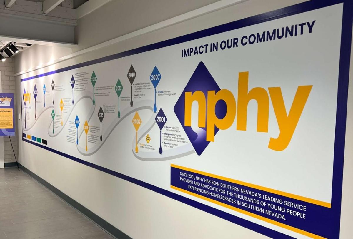 An informative mural on a long wall in a hallway "Impact in our community." NPHY logo.