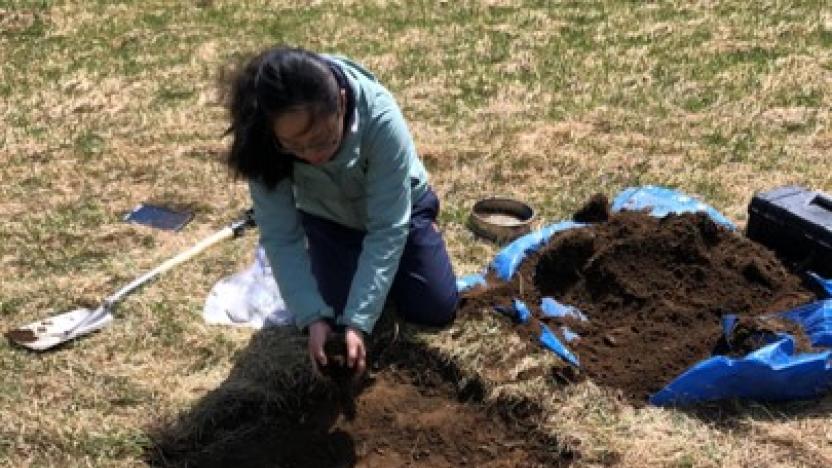 A person knelt on the group gardening using a bag of fresh soil 