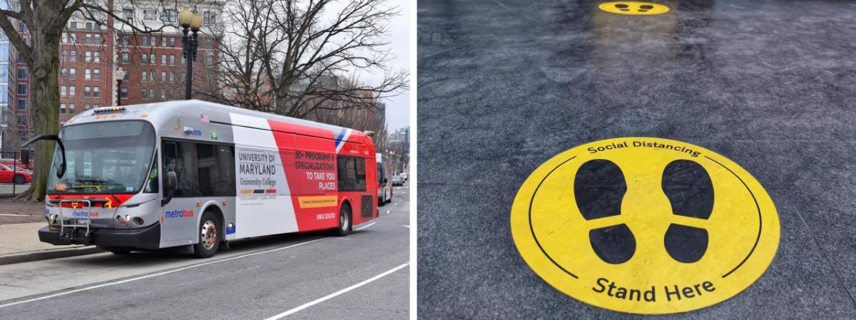 A photo of a bus and floor stickers 