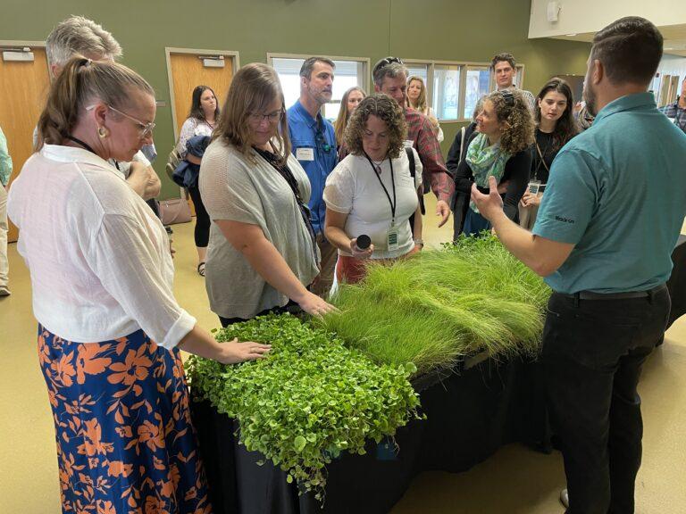 One person talking to to group in an open room, a table full of small plots of different grasses between them. Some are feeling the grasses.