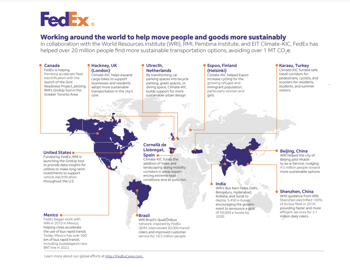 Map showing how FedEx is working around the world to help move people and goods more sustainably