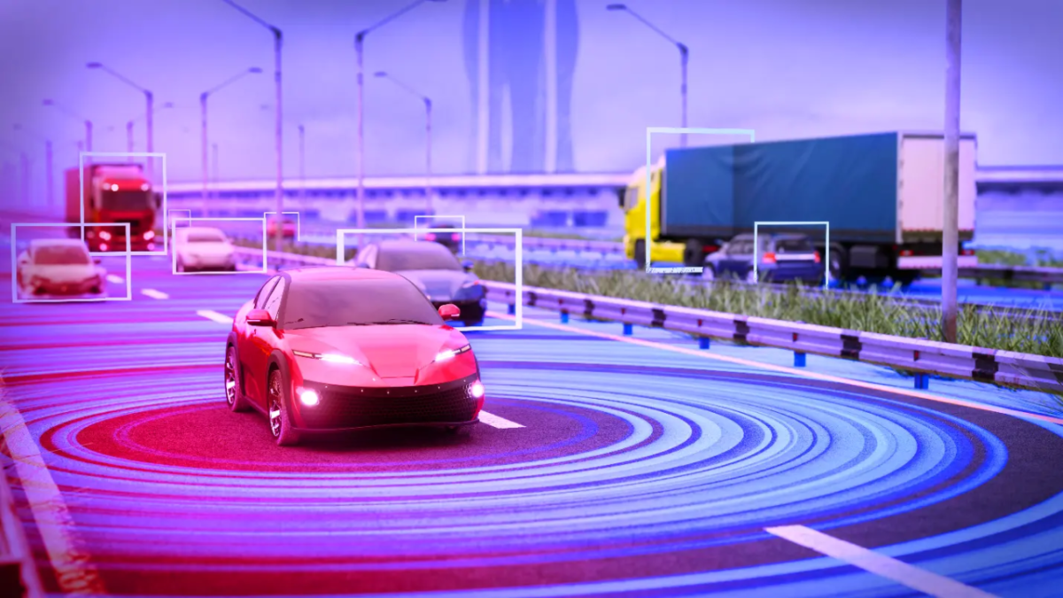 Electric vehicle driving on a large road depicted with blue concentric circles around it
