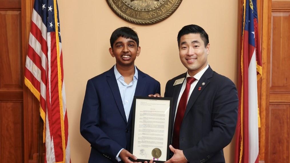 Sirish was invited to the chamber floor by Senator Sheikh Rahman. Rahman delivered a statement about Sirish’s accomplishments, his recognition as “America’s Top Young Scientist” and his bright future. After the announcement, multiple senators introduced themselves to Sirish and asked about his work.