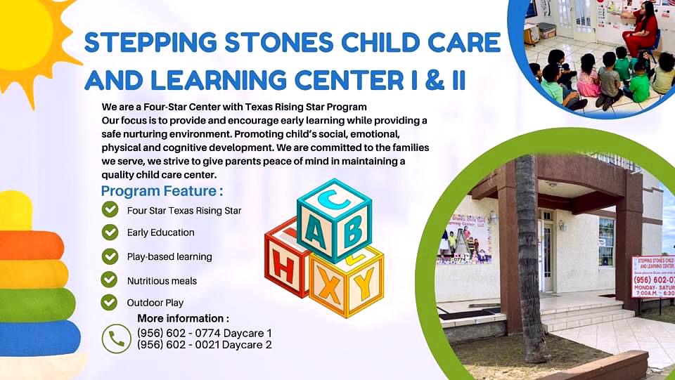 Info graphic "Stepping Stones Child Care and Learning enter I & II" with bullet points of services.