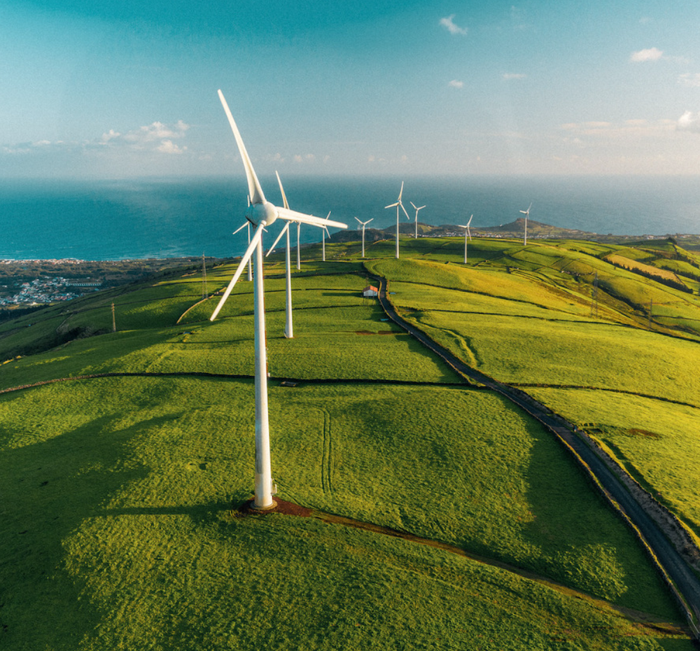 Windmills shown on top of a hill with green grass.