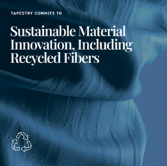 Text reading "sustainable material innovation, including recycled fibers" on top of an image of fabric
