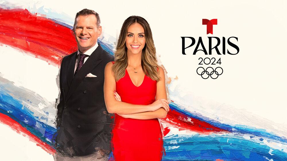 Two people posed "Paris 2024" on the side and red, blue, and grey streaks behind them.