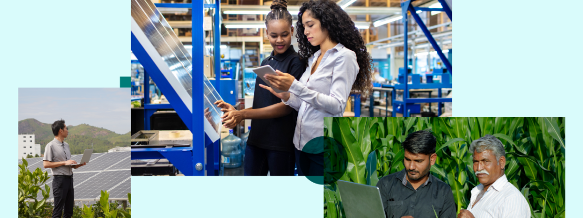 Collage of three images: A person overlooking solar panels in a field, two people building a solar panel and looking at a tablet in a plant setting, and two people in a crop field looking at a laptop.