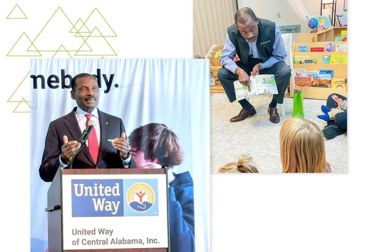 Leroy Abrahams speaking at a united way event and reading to children