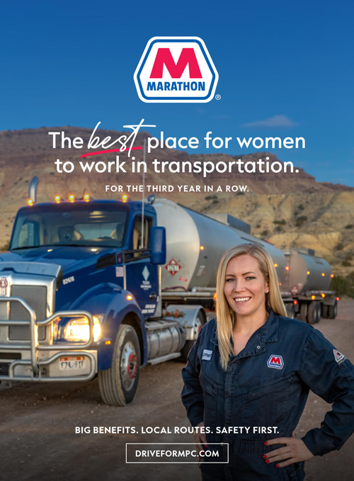 "The best place for women to work in transportation. For the third year in a row. A person standing near a large semitruck.