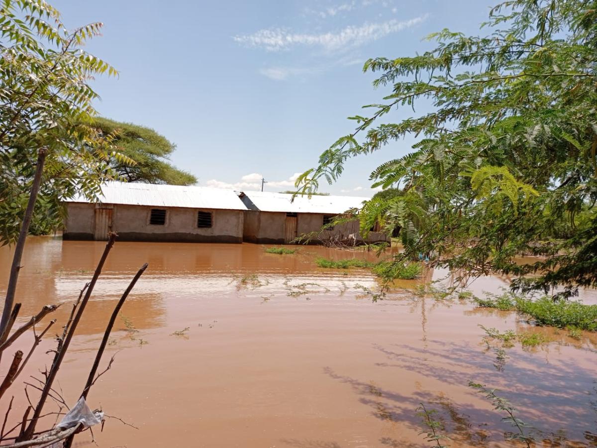 In Isiolo County, floods have partially submerged many buildings.