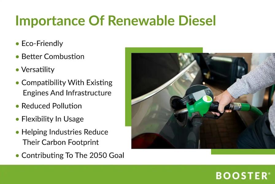 Importance Of Renewable Diesel • Eco-Friendly • Better Combustion • Versatility • Compatibility With Existing Engines And Infrastructure • Reduced Pollution • Flexibility In Usage • Helping Industries Reduce Their Carbon Footprint • Contributing To The 2050 Goal