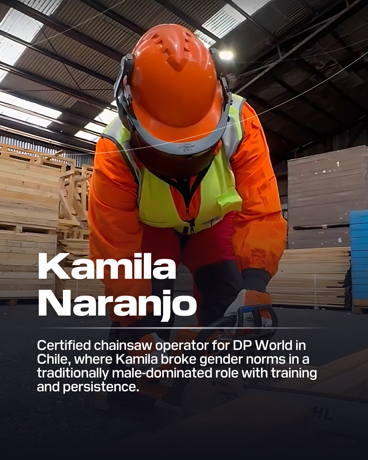 Kamila Naranjo wearing an orange work suit while building with lumber