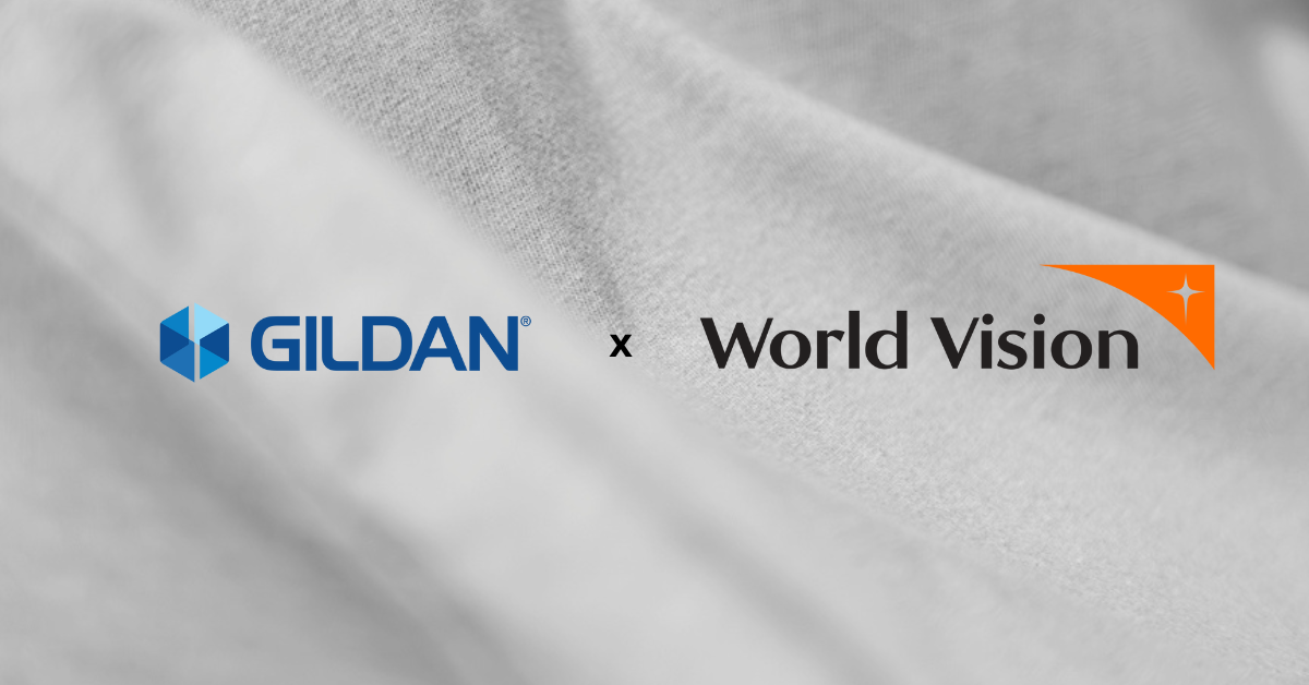 Gildan and World Vision logos placed on a grey fabric background